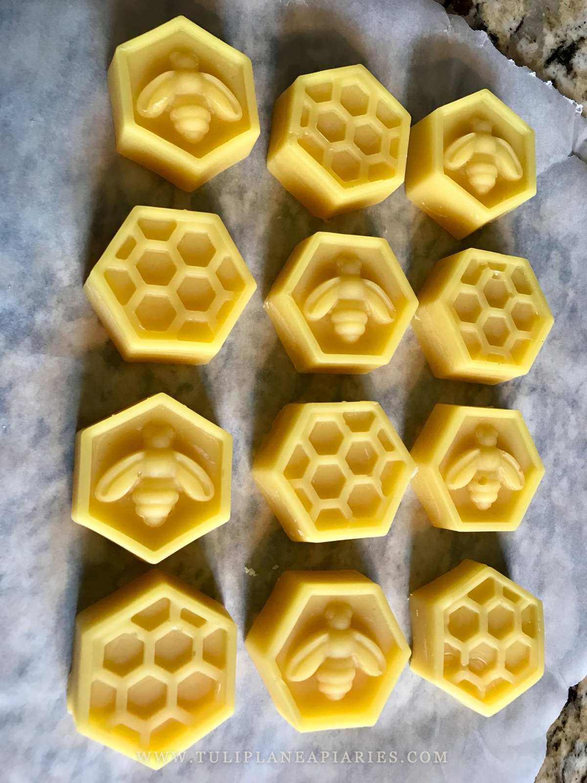 Hexagon beeswax bars pressed with bee and honeycomb designs